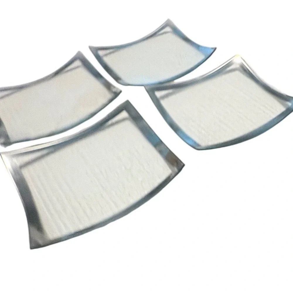 5 Piece Clear Glass Serving Set 4 Plates 1 Platter Square Curve Silver Rim Party